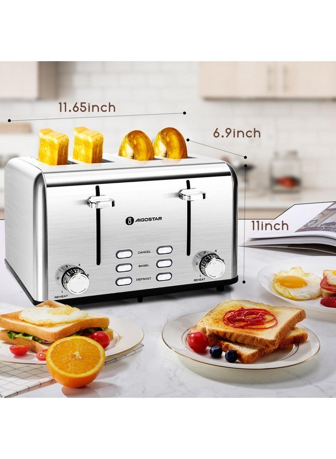 Aigostar Aigostar Toaster 4 Slice 1.6" Wide Slot Stainless Steel Toasters with Bagel, Reheat, Cancel, Defrost Function, 6 Shade Settings, Removable Crumb Tray, 1550W, Best Rated Prime 4 Slice Toasters  - Image 4