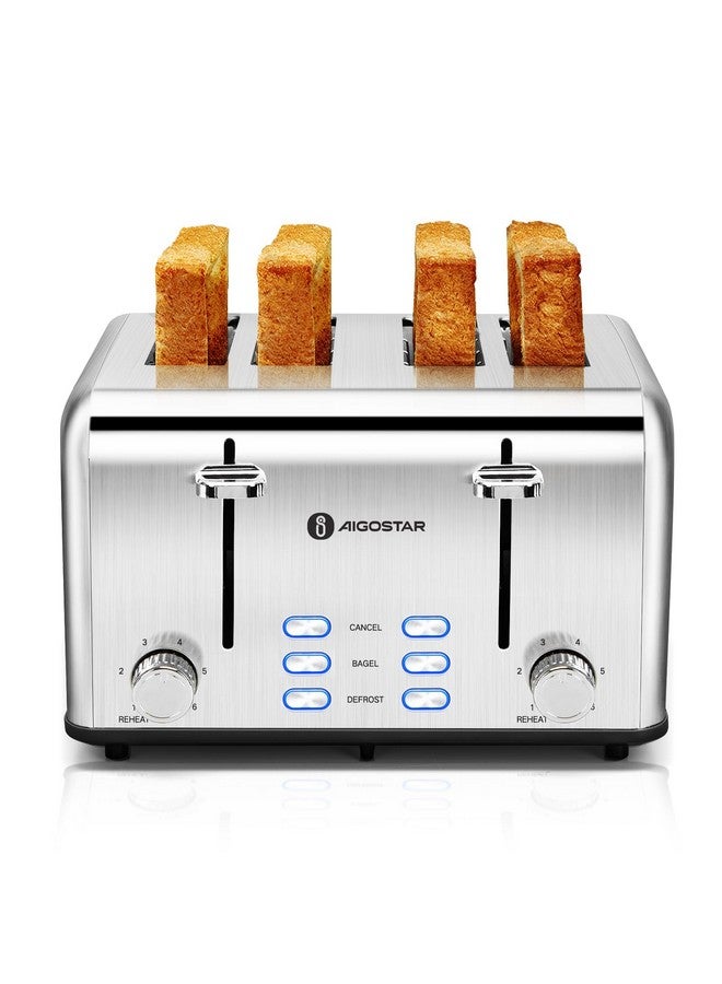 Aigostar Aigostar Toaster 4 Slice 1.6" Wide Slot Stainless Steel Toasters with Bagel, Reheat, Cancel, Defrost Function, 6 Shade Settings, Removable Crumb Tray, 1550W, Best Rated Prime 4 Slice Toasters  - Image 1
