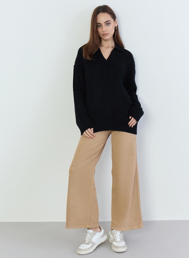 Styli Women Black Ribbed V-Neck Sweater - Image 2