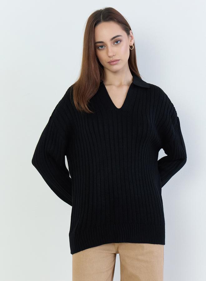 Styli Women Black Ribbed V-Neck Sweater - Image 3