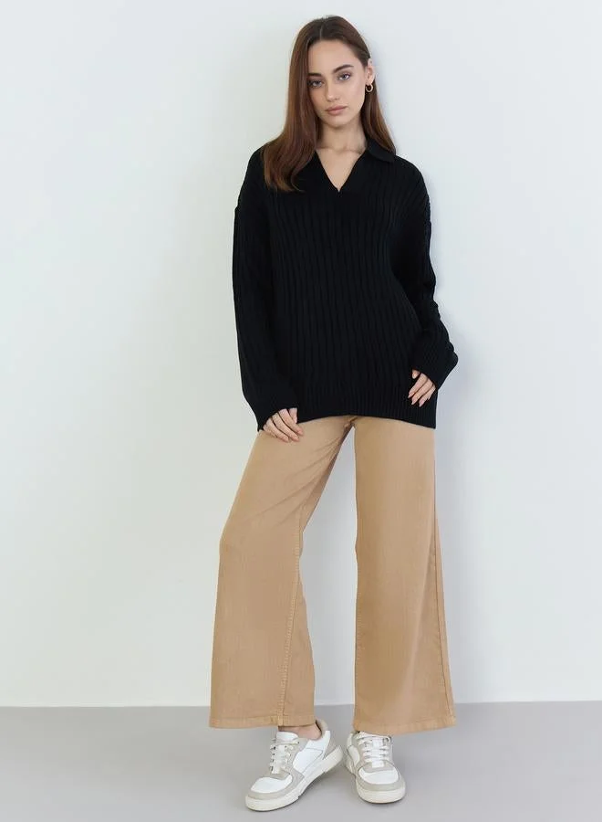 Styli Women Black Ribbed V-Neck Sweater