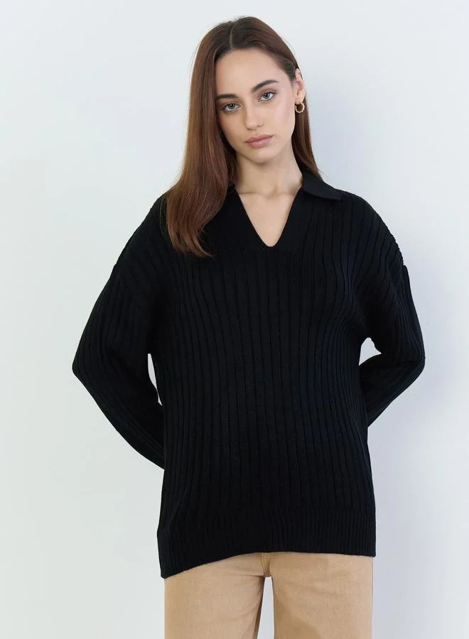 Styli Women Black Ribbed V-Neck Sweater