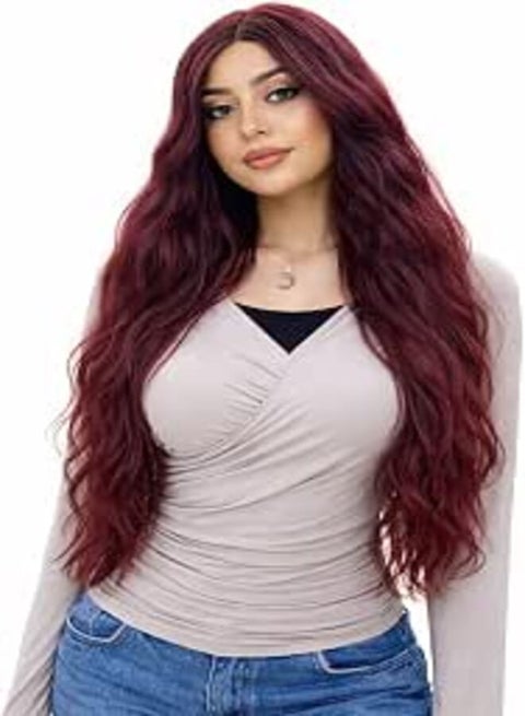 Long Wavy Wig Dark Wine Red Wig Natural Fashion Wigs for Women