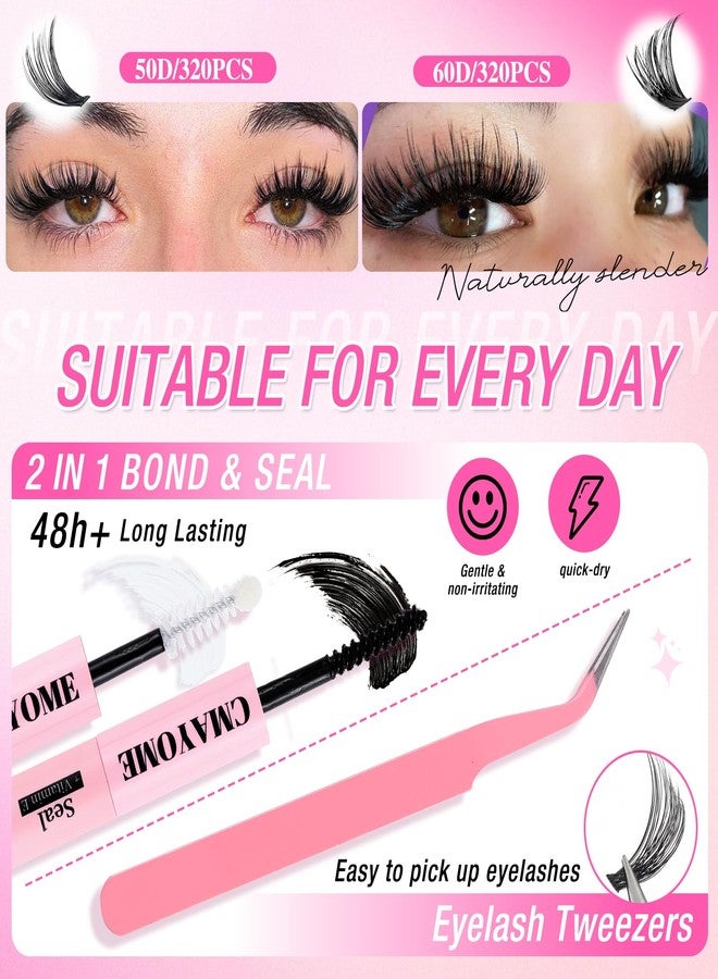 CMAYOME Lash Clusters Kit Natural Wispy Lashes Clusters 640Pcs Eyelash Cluster 50D+60D Curl Individual False Eyelashes DIY Lash Extension Kit with Lash Bond & Seal, Brush and Tweezers (9–16 mm) - Image 5