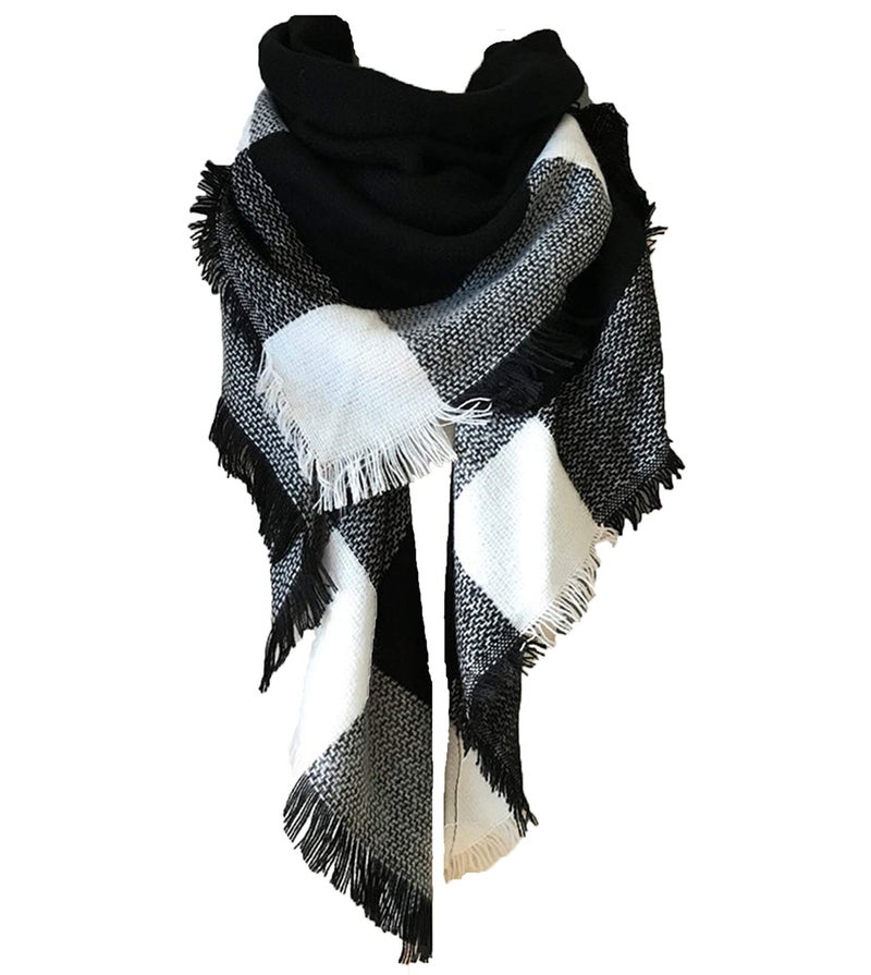 Wander Agio Womens Warm Scarf Triangle Winter Shawls Large Scarves Stripe Plaid Fichu Big Black White 15 - Image 1