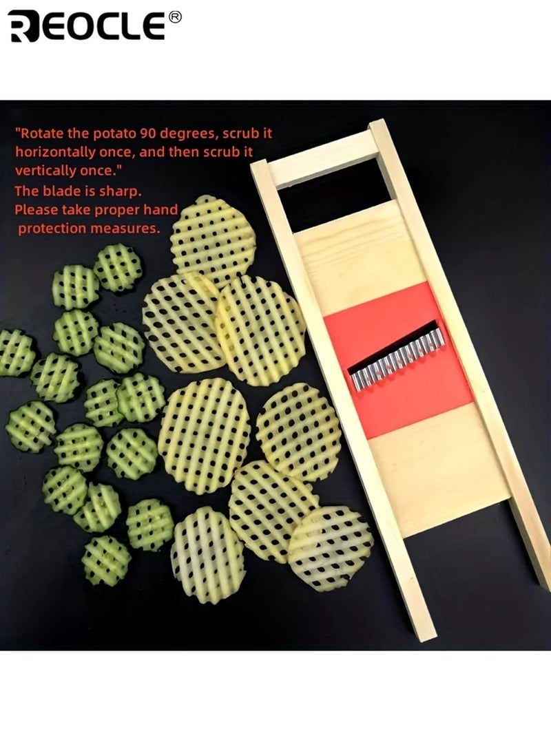 ريوكل قطاعة بطاطس يدوية خشبية بشفرة مموجة مع مقبض مريح تصميم طبيعي من الخشب لبطاطس مقلية مموجة وخضروات - Image 5