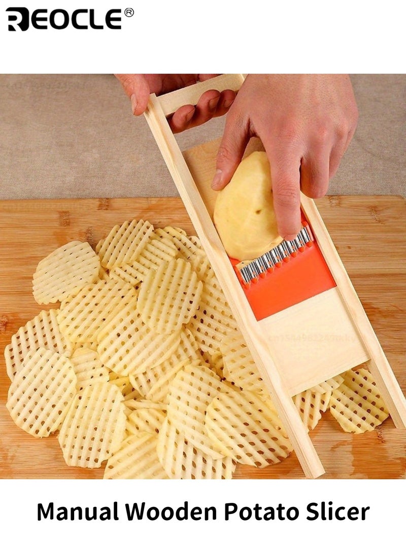 ريوكل قطاعة بطاطس يدوية خشبية بشفرة مموجة مع مقبض مريح تصميم طبيعي من الخشب لبطاطس مقلية مموجة وخضروات - Image 1