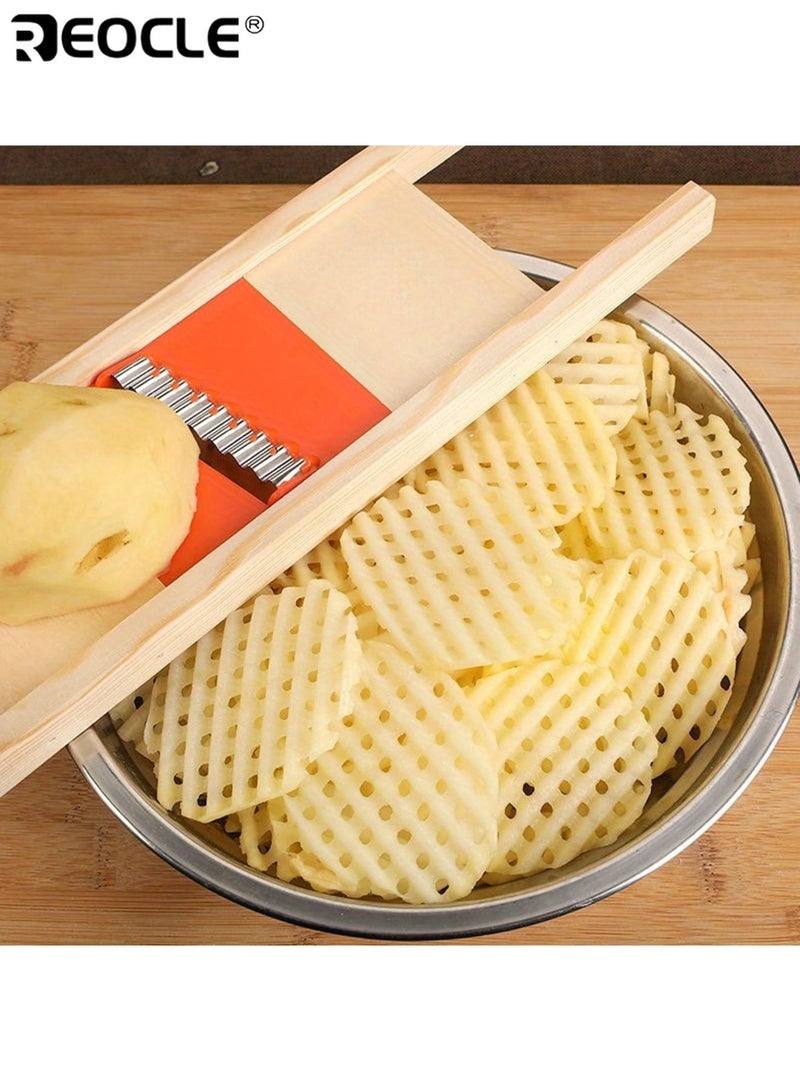 ريوكل قطاعة بطاطس يدوية خشبية بشفرة مموجة مع مقبض مريح تصميم طبيعي من الخشب لبطاطس مقلية مموجة وخضروات - Image 2