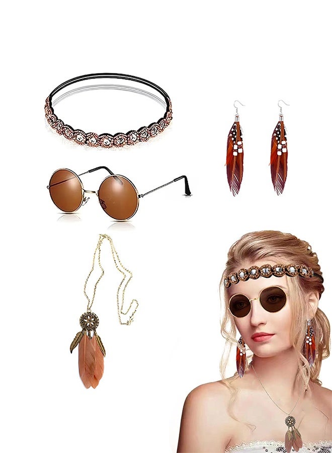 ليمون مجموعة إكسسوارات أزياء الهيبيز من 4 قطع، نظارات هيبي ريترو من الستينيات والسبعينيات، أقراط وقلادة من الريش. - Image 1