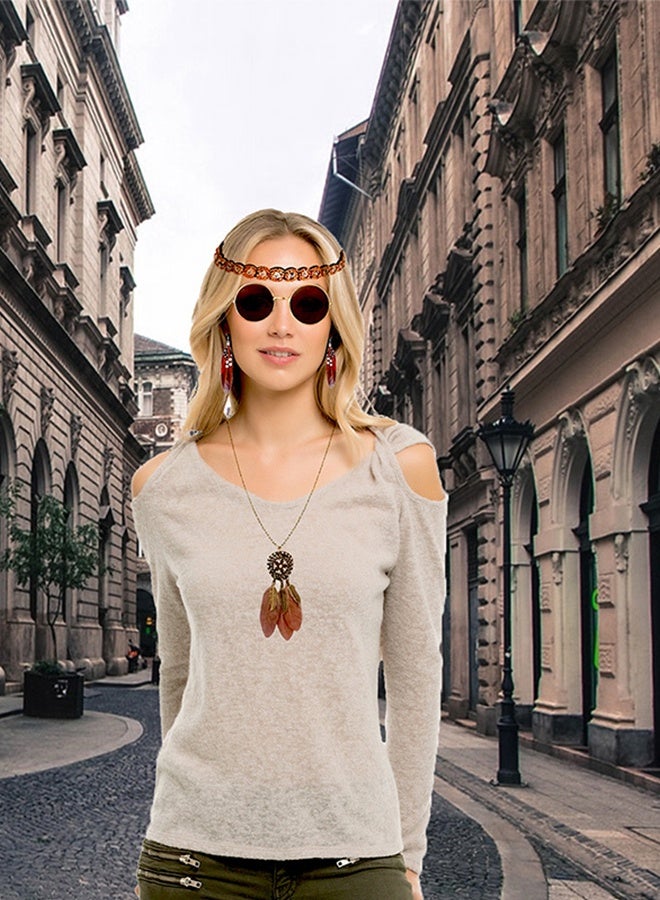 ليمون مجموعة إكسسوارات أزياء الهيبيز من 4 قطع، نظارات هيبي ريترو من الستينيات والسبعينيات، أقراط وقلادة من الريش. - Image 4