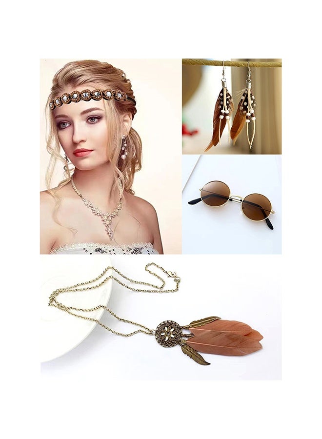 ليمون مجموعة إكسسوارات أزياء الهيبيز من 4 قطع، نظارات هيبي ريترو من الستينيات والسبعينيات، أقراط وقلادة من الريش. - Image 3