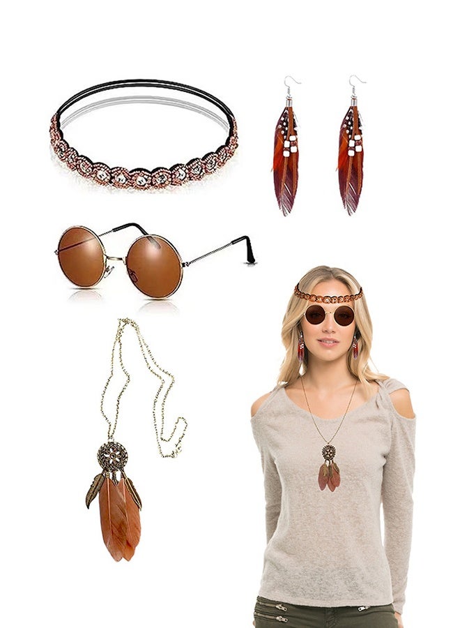 ليمون مجموعة إكسسوارات أزياء الهيبيز من 4 قطع، نظارات هيبي ريترو من الستينيات والسبعينيات، أقراط وقلادة من الريش. - Image 5