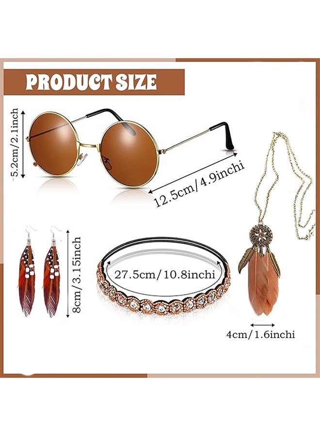 ليمون مجموعة إكسسوارات أزياء الهيبيز من 4 قطع، نظارات هيبي ريترو من الستينيات والسبعينيات، أقراط وقلادة من الريش. - Image 2