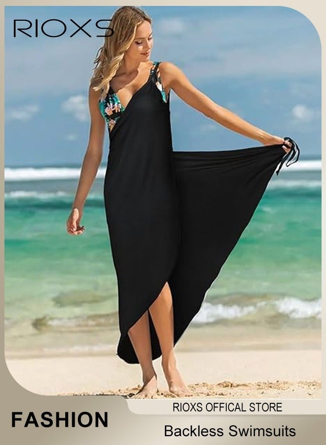 RIOXS Women Summer Beach Dress Spaghetti Strap Bikini Wrap Backless Swimsuits Cover Up Long Loose Maxi Dress  - Image 1