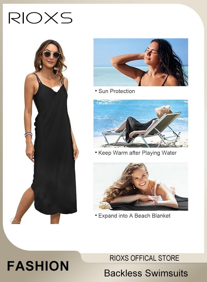 RIOXS Women Summer Beach Dress Spaghetti Strap Bikini Wrap Backless Swimsuits Cover Up Long Loose Maxi Dress  - Image 4