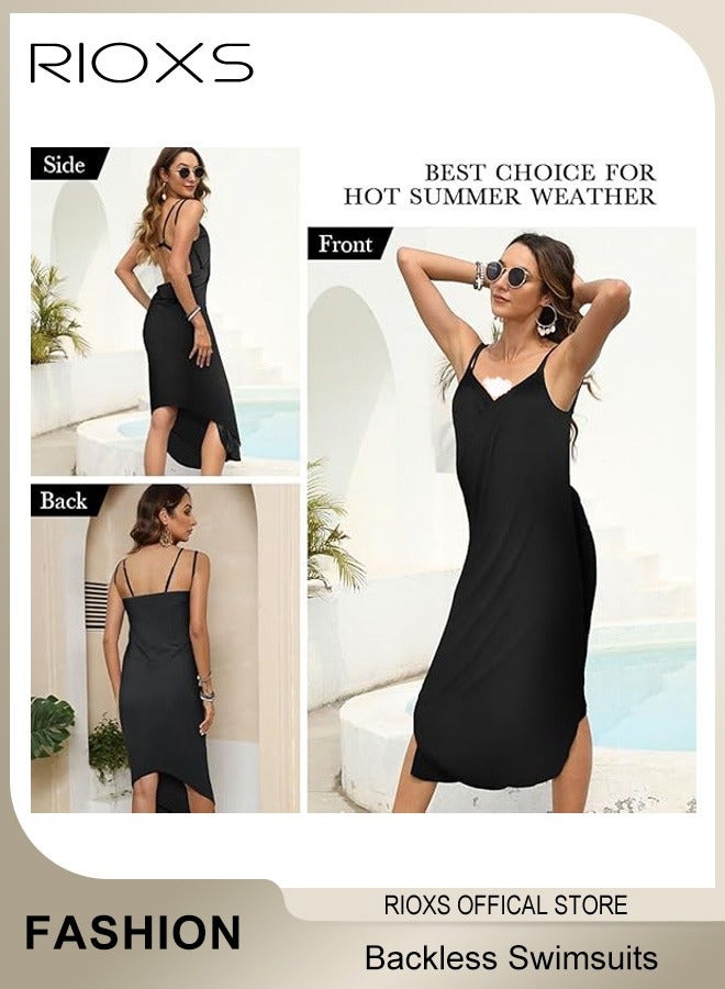 RIOXS Women Summer Beach Dress Spaghetti Strap Bikini Wrap Backless Swimsuits Cover Up Long Loose Maxi Dress  - Image 2