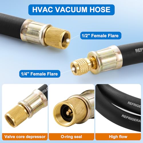 Tigbear 1/2" Vacuum Refrigerant Hose, High Flow HVAC Refrigerant Charging Hose 1/2 to 1/4 Flare for R410A R134A R407C R502 R12 R22 System, 640 PSI Working Pressure, 60 Inch Black AC Recharge - Image 2