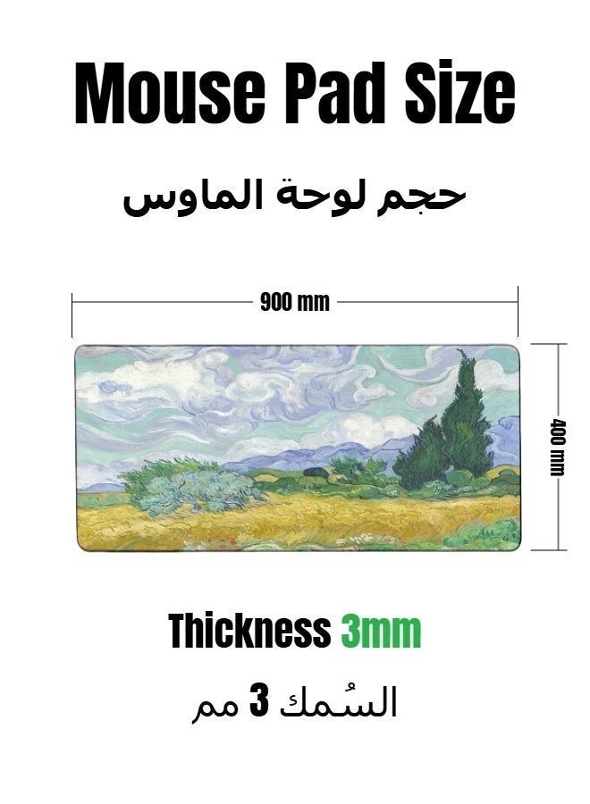 Pastoral Oil Painting Large Gaming Mouse Pad 900×400mm, Non-Slip Rubber Base With Stitched Edges, Desk Keyboard Mat - Image 2