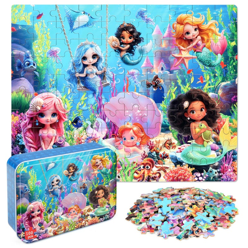 MZZOTOY Mermaid Princess Puzzles for Kids Ages 48 100 Pieces Jigsaw Puzzles for Kids Ages 35 Puzzle for Girls and Boys Learning Educational Puzzles Toys in a Metal Box - Image 3