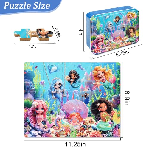 MZZOTOY Mermaid Princess Puzzles for Kids Ages 48 100 Pieces Jigsaw Puzzles for Kids Ages 35 Puzzle for Girls and Boys Learning Educational Puzzles Toys in a Metal Box - Image 5
