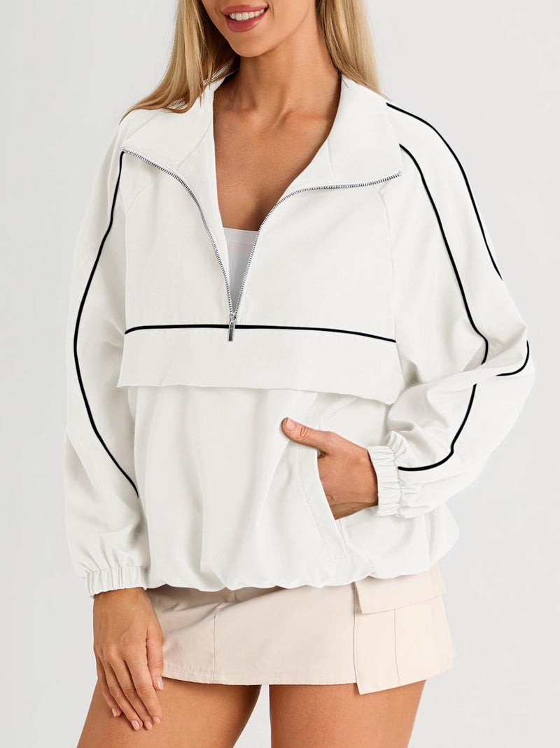 Fisoew Quarter Zip Pullover Women Lightweight Windbreaker Jacket Running Hiking Outdoor Pullover with Pocket - Image 3