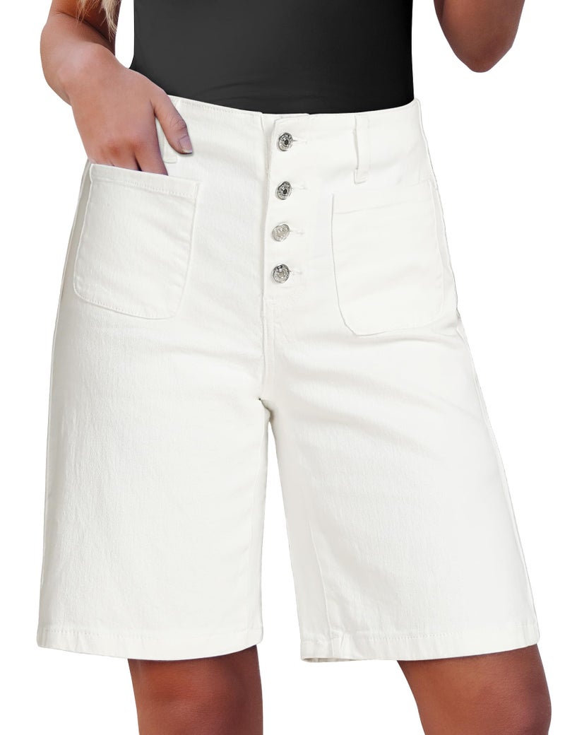 luvamia Button Fly Long Jean Shorts Womens High Waisted Bermuda Shorts for Women Cream White Womens Shorts Denim Jean Bermuda Shorts for Women White Shorts for Woman Size Large Fits Size 12 Size 14 - Image 1