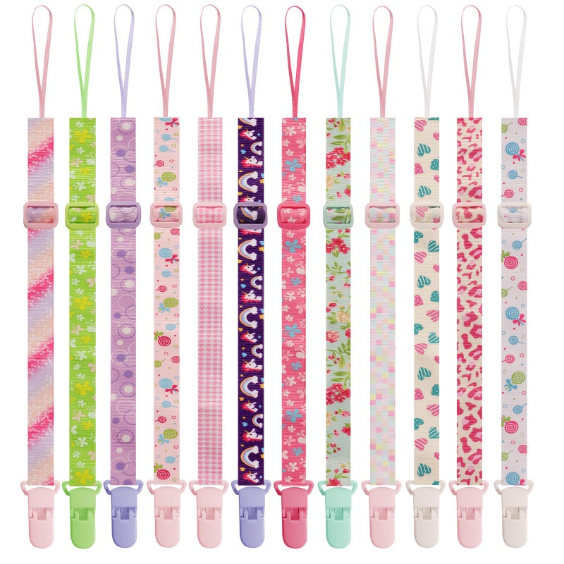Tamhoo 12 Pack Pacifier Clips with Adjustable Strap (32-46.5cm) - Premium Polyester Baby Pacifier Holder Set, Multi-Design Clips for Boys Girls ï¼ˆMulti Color Aï¼‰ - Image 1