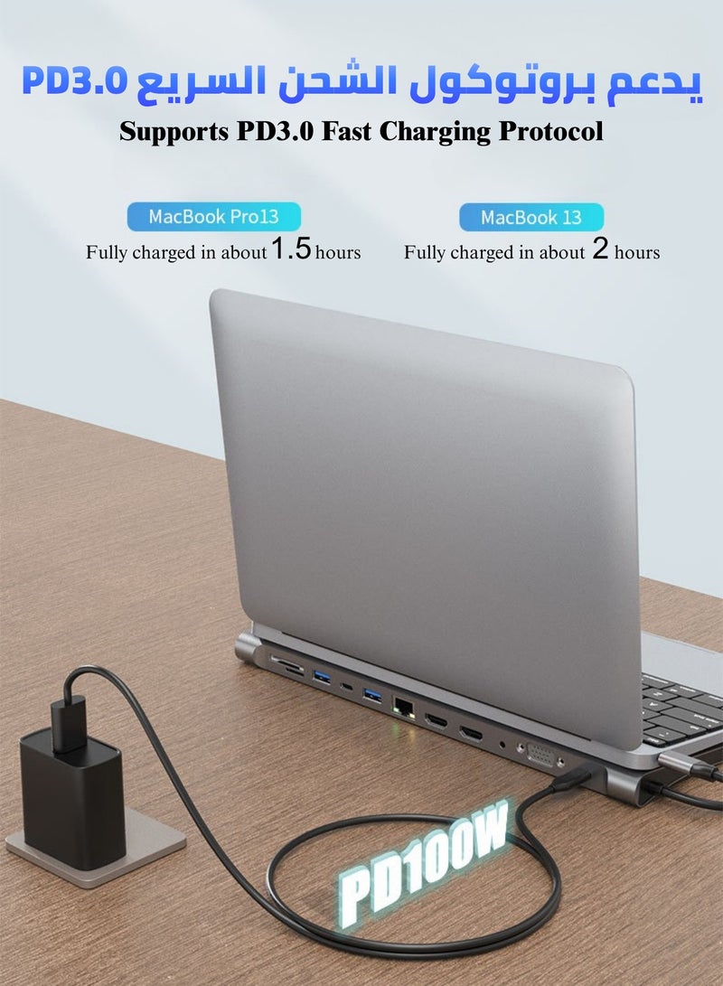 سكت شيكترو محطة إرساء USB-C للكمبيوتر المحمول 12 في 1 مع حامل تبريد من الألومنيوم، مزودة بمنفذي HDMI وإخراج بدقة 4K، ومنفذ VGA، وشحن PD بقدرة 100 واط، وإيثرنت، و3 منافذ USB-A، ومنفذ USB-C لنقل البيانات، وقارئي بطاقات SD/TF، ومنفذ صوت 3.5 مم، باللون الفضي - Image 4