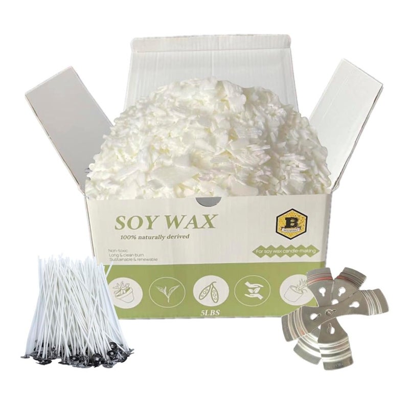 Beesworks Soy Wax  5lbs Natural Soy Wax Flakes  100 6Inch Cotton Candle Wicks 3 Metal Centering Devices 5lbs Soy Wax for DIY Candle Making