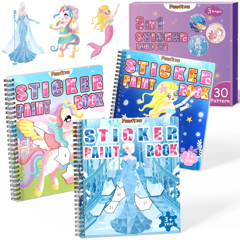 PERRYHOME 3PCS Sticker by Number Paint Books for Girls Ages 48 Easter Basket Stuffers Unicorn Mermaid Frozen Themes Sticker Activity Books Girls Crafts Party Birthday Gifts Toys - Image 2