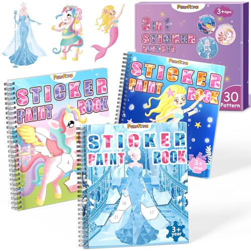 PERRYHOME 3PCS Sticker by Number Paint Books for Girls Ages 48 Easter Basket Stuffers Unicorn Mermaid Frozen Themes Sticker Activity Books Girls Crafts Party Birthday Gifts Toys - Image 1