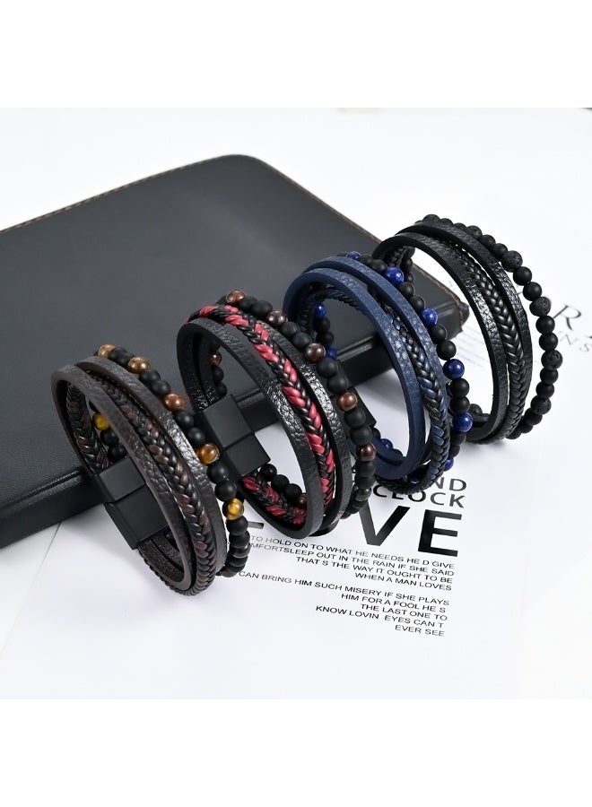 Natural Stone Multi-layered Leather Bracelet, Fashionable and Simple, Easy to Wear, Tiger Eye Stone, Obsidian, Perfect for Men - Image 3