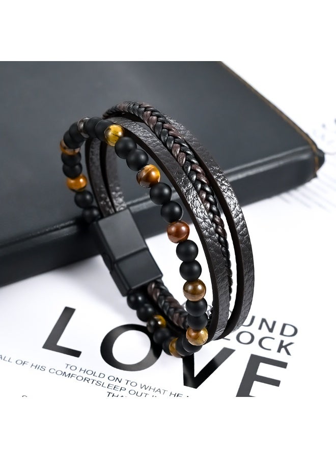 Natural Stone Multi-layered Leather Bracelet, Fashionable and Simple, Easy to Wear, Tiger Eye Stone, Obsidian, Perfect for Men - Image 1