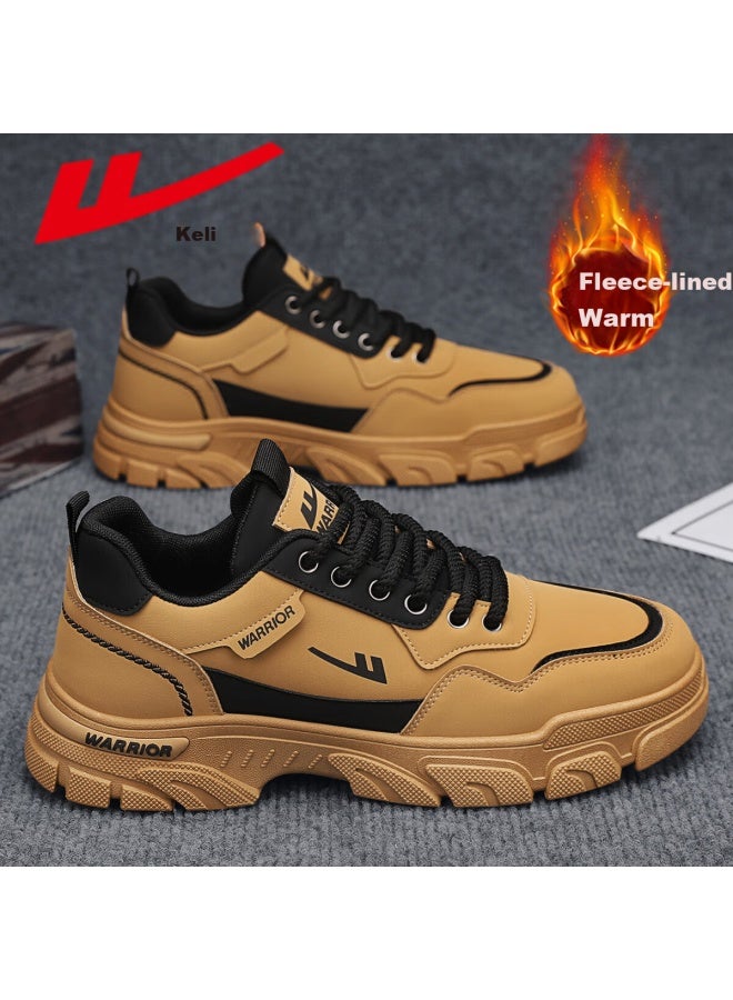 Warrior Men's Fleece-lined Warm Work Shoes Casual Fashion Comfortable Non-slip Sports Shoes Khaki Black Size 41