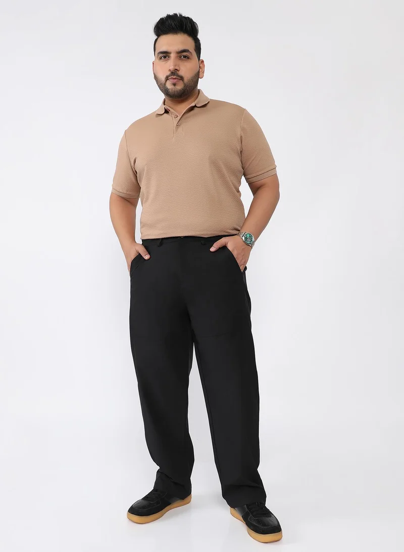Instafab Plus  Men Panelled Straight-Fit Trousers | Mid-Rise , Side Elasticated Stretch | Button Closure , Straight Hem | Solid Relaxed-Fit | Woven Fabric For Casual & Daily Wear | Onyx Black for Men | Best Price UAE