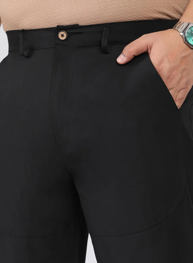Instafab Plus  Men Panelled Straight-Fit Trousers | Mid-Rise , Side Elasticated Stretch | Button Closure , Straight Hem | Solid Relaxed-Fit | Woven Fabric For Casual & Daily Wear | Onyx Black for Men | Best Price UAE