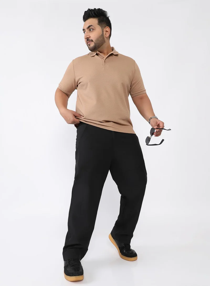 Instafab Plus  Men Panelled Straight-Fit Trousers | Mid-Rise , Side Elasticated Stretch | Button Closure , Straight Hem | Solid Relaxed-Fit | Woven Fabric For Casual & Daily Wear | Onyx Black for Men | Best Price UAE