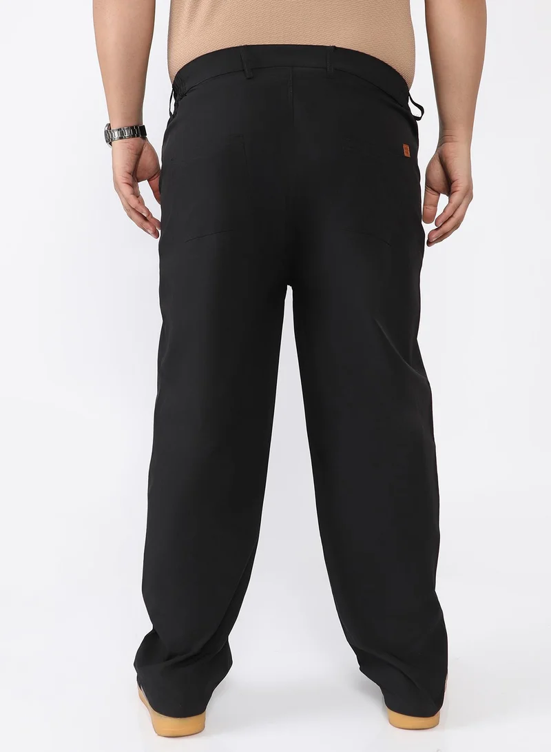 Instafab Plus  Men Panelled Straight-Fit Trousers | Mid-Rise , Side Elasticated Stretch | Button Closure , Straight Hem | Solid Relaxed-Fit | Woven Fabric For Casual & Daily Wear | Onyx Black for Men | Best Price UAE