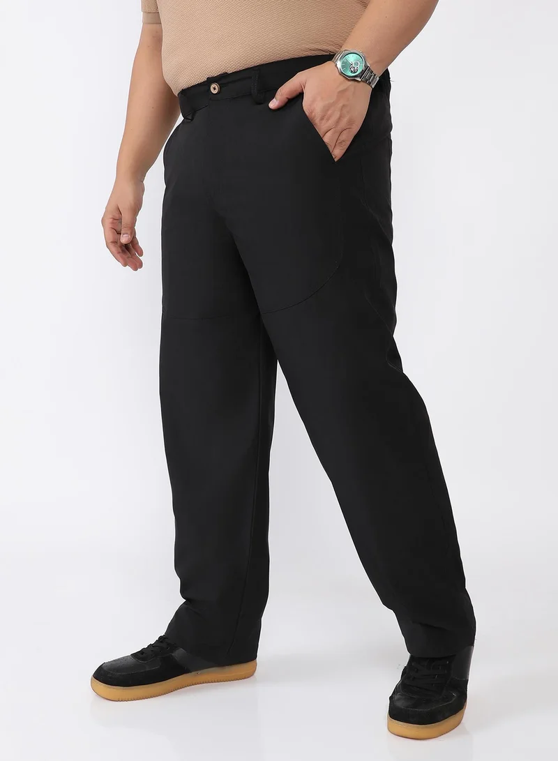 Instafab Plus  Men Panelled Straight-Fit Trousers | Mid-Rise , Side Elasticated Stretch | Button Closure , Straight Hem | Solid Relaxed-Fit | Woven Fabric For Casual & Daily Wear | Onyx Black for Men | Best Price UAE