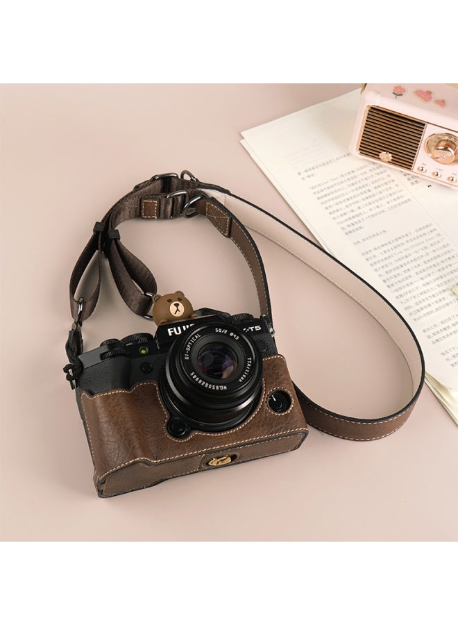 Suitable For Fuji XS20 Protective Case XT30 Second Generation Camera Bag XT5 Base XM5 Leather Case XT20/XS10 Case-Color:D: Xt5 Litchi Pattern Base [brown] + V303 Shoulder Strap, Tempered Film Included (excluding Hot Shoe Cover)  - Image 1