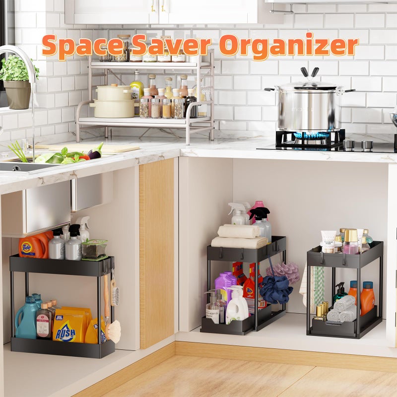 Simple Trending 3 Pack Under Sink Organizer, Pull-Out Cabinet Organizer Drawer, 2 Tier Multi-Purpose Slide Out Storage Shelf for Kitchen Bathroom, Black - Image 2