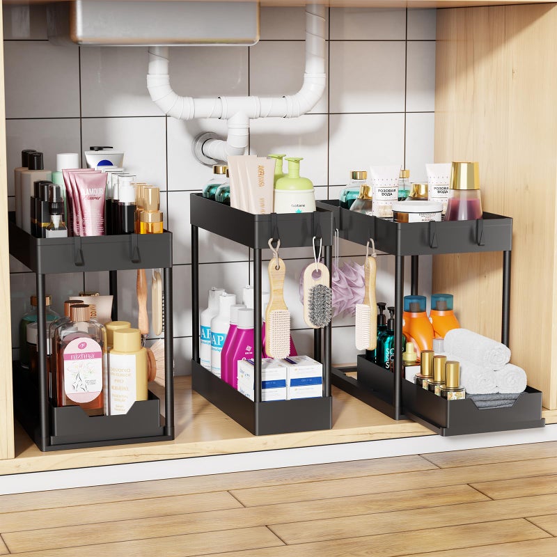 Simple Trending 3 Pack Under Sink Organizer, Pull-Out Cabinet Organizer Drawer, 2 Tier Multi-Purpose Slide Out Storage Shelf for Kitchen Bathroom, Black - Image 1
