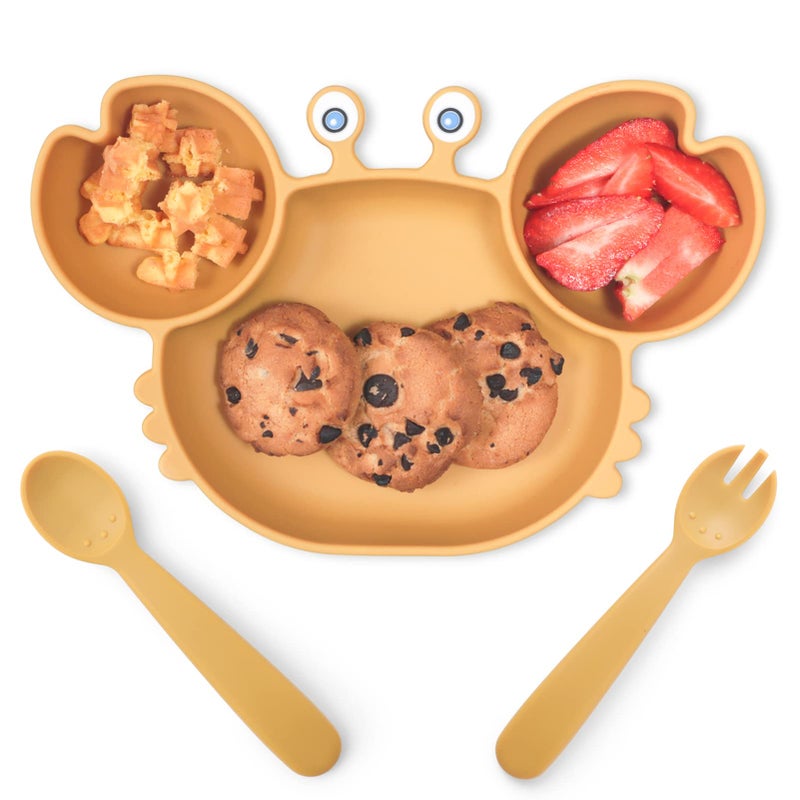 ROCCED Suction Plates for Baby Silicone Plates with Suction for Baby Divided Baby Spoon Fork Set for Toddler Baby Dishes Kids UtensilsCrab Yellow