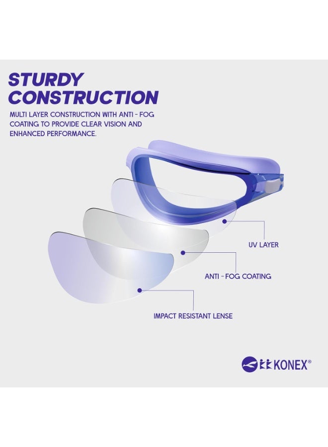 KONEX Anti-Fog Swimming Goggles with UV Protection for Men & Women | Wide Angle View with Anti-Leak Technology | Comes with Attached Ear Plugs | Ideal for Children & Adults (Blue) - Image 4