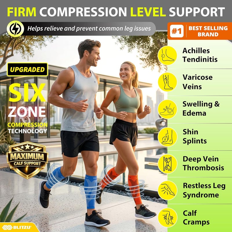 BLITZU Calf Sleeves (1 Pair) Power+ Compression Men and Women Performance Leg Guards. True Graduated Compression. Improves Circulation, Aids Muscle Recovery - Image 2