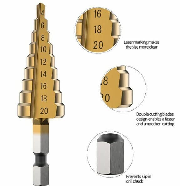 YADAV Generic 3 Pcs Large HSS Steel Step Cone Drill Titanium Bit Set Hole Cutter 41220 32mm - Image 4
