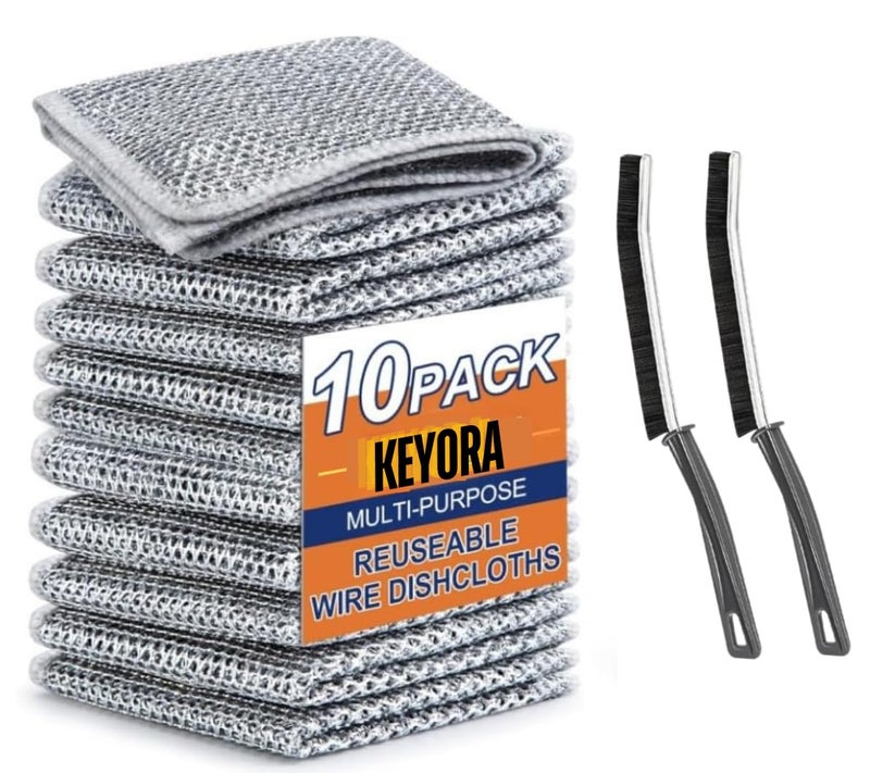KEYORA Pack of 10 Non Scratch Wire Dish Scrub Kitchen Cloth Scrubber For Cleaning,Mesh Cloth Scrub for Washing Utensils, Dishwashing Metal Steel Rag Clothes For Dishwash with Free 2 Gap Cleaning Brush - Image 1