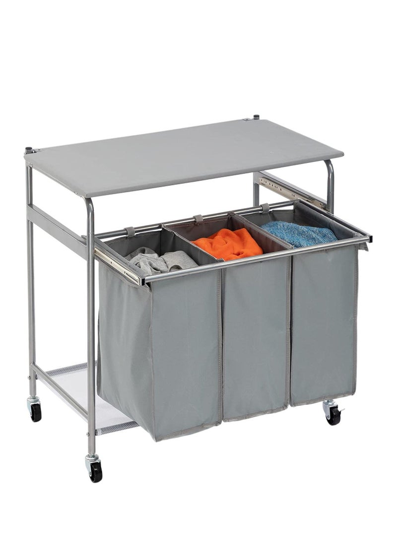 والالا لوح كي قابل للطي وسلة غسيل متينة متدحرجة مع 3 أكياس وعربة فرز الغسيل - Image 3