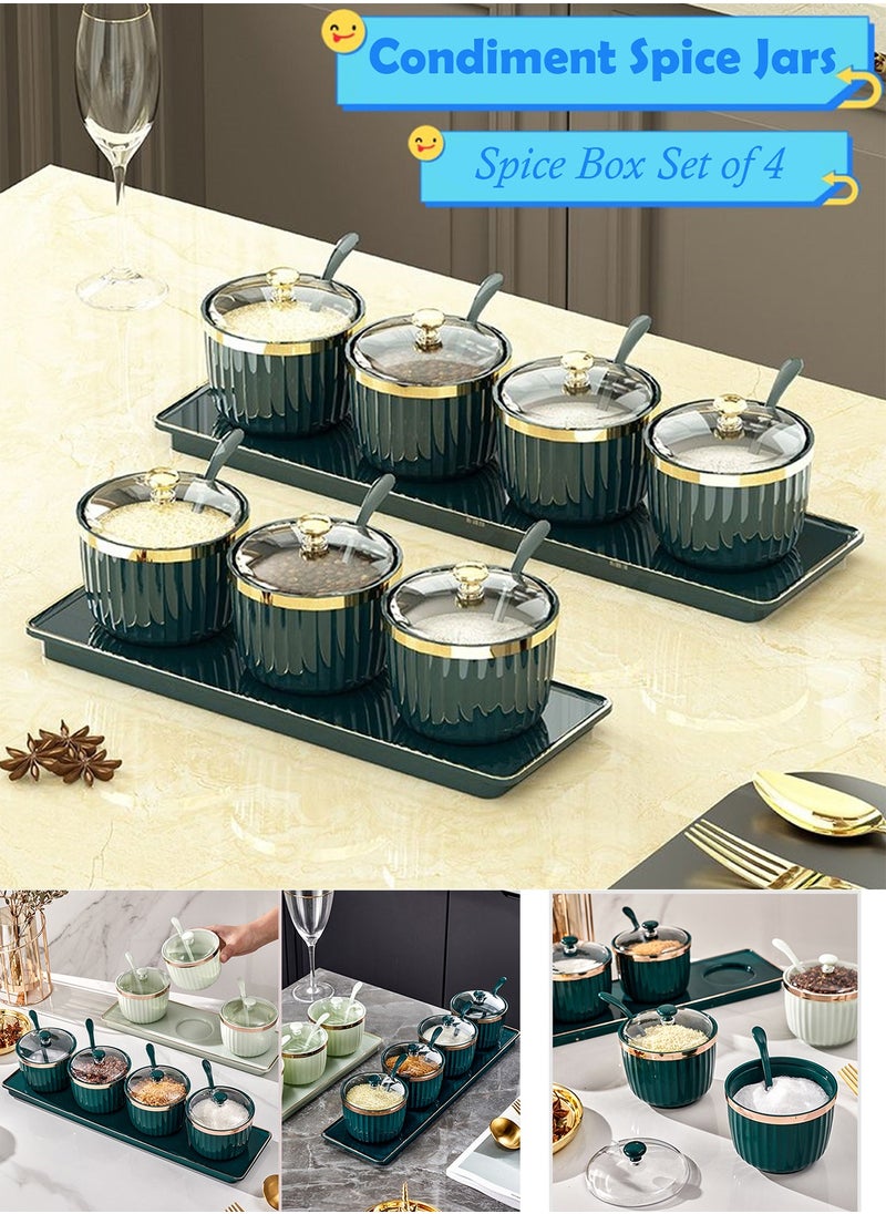 Qiccijoo - Qiccijoo Condiment Spice Jars，Spice Box With Lids and Spoons and Tray Condiment Canisters Pots Seasoning Box Salt Container Sugar Bowl Set of 4 for Kitchen to Storage Salt，Paprika，Sugar(Green) - Image 1