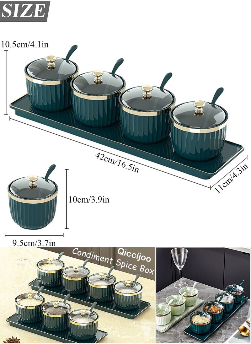 Qiccijoo - Qiccijoo Condiment Spice Jars，Spice Box With Lids and Spoons and Tray Condiment Canisters Pots Seasoning Box Salt Container Sugar Bowl Set of 4 for Kitchen to Storage Salt，Paprika，Sugar(Green) - Image 1